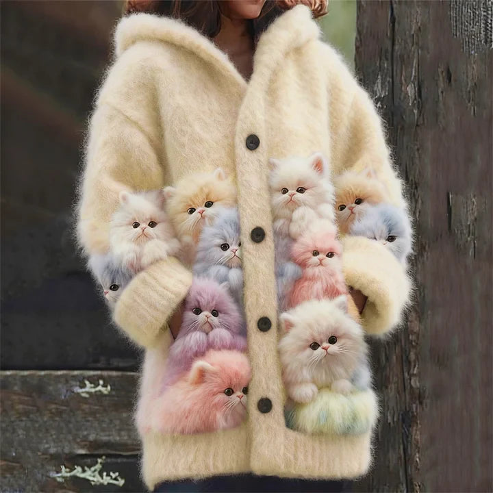 Kelsie - Cardigan Morbido con Cappuccio e Gatti