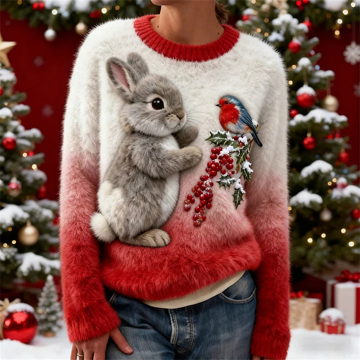 Suzette - Maglione di Peluche Con Coniglio Natalizio