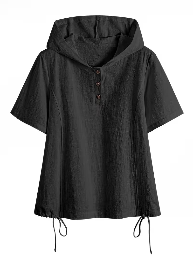 Bouchra - Camicia a Maniche Corte Con Cappuccio in Tinta Unita Dal Taglio Ampio Con Abbottonatura Frontale