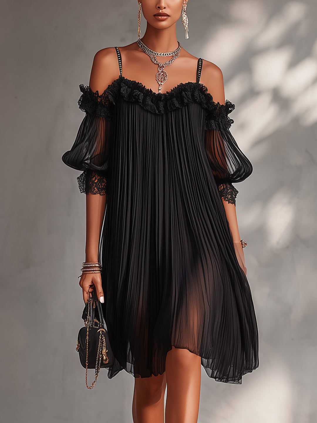 Silija - Abito Mini in Chiffon Con Spalle Scoperte e Bordi in Pizzo