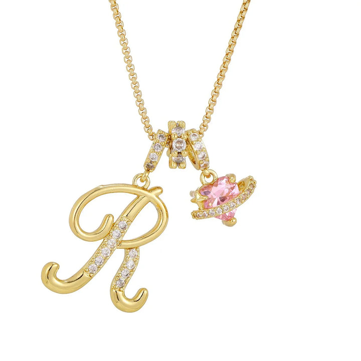 Nerute - Collana Con Iniziale e Ciondolo a Forma di Cuore Rosa