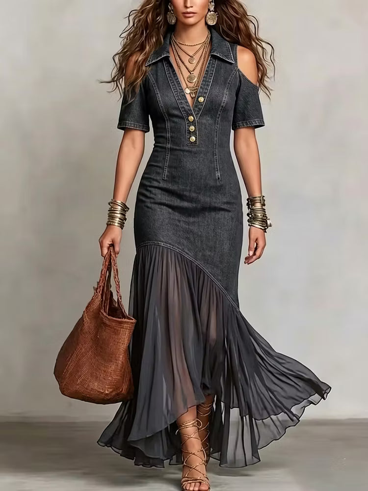 Presley - Abito Lungo in Denim Con Bottoni Decorativi