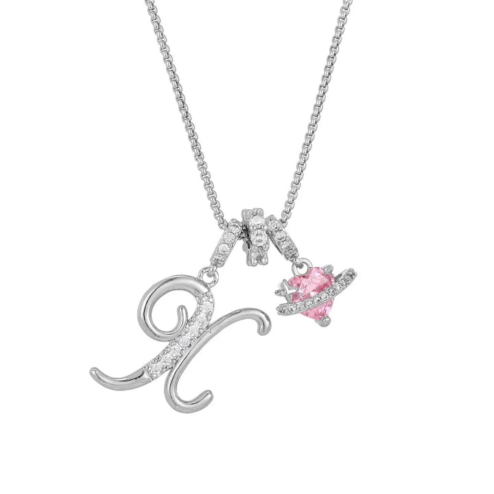 Nerute - Collana Con Iniziale e Ciondolo a Forma di Cuore Rosa