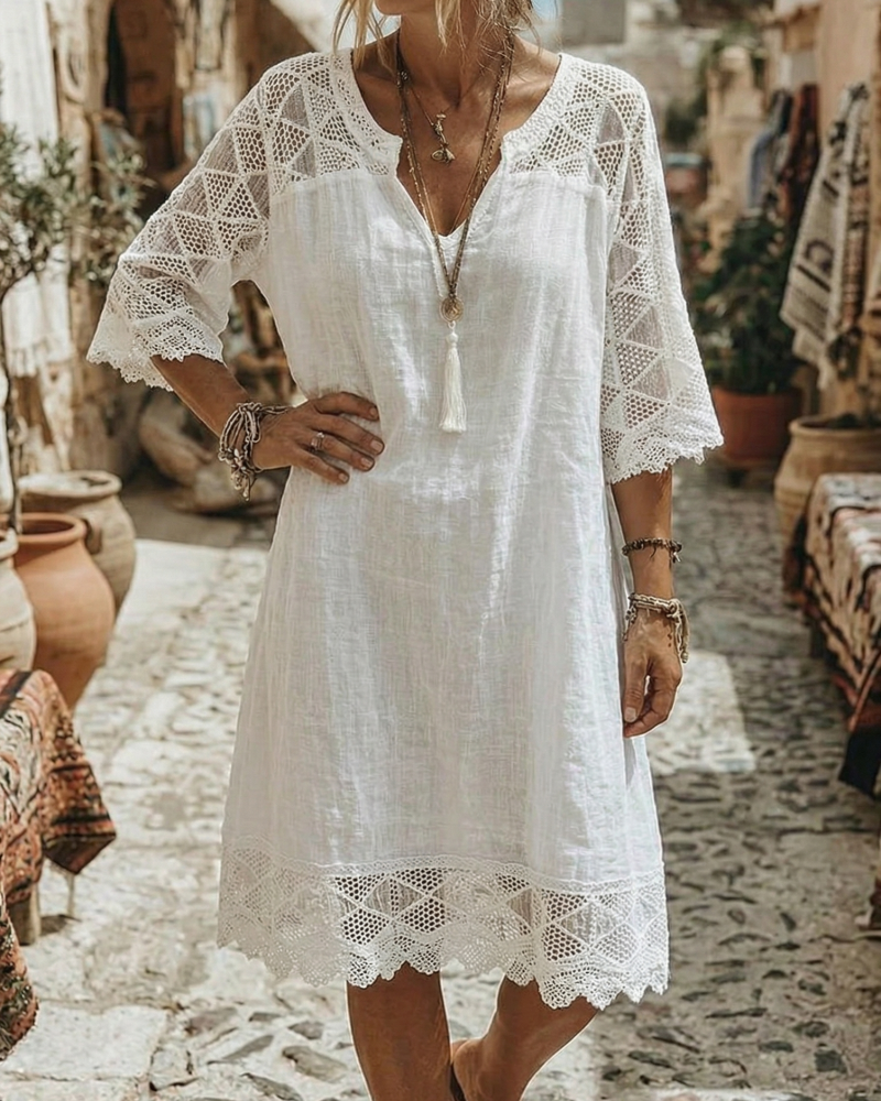 Kilina - Abito Patchwork in Pizzo Con Scollo a V