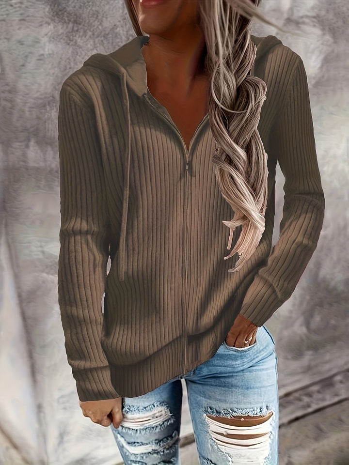 Bibigul - Loose Fit Long Sleeve Ribbed Hooded Cardigan