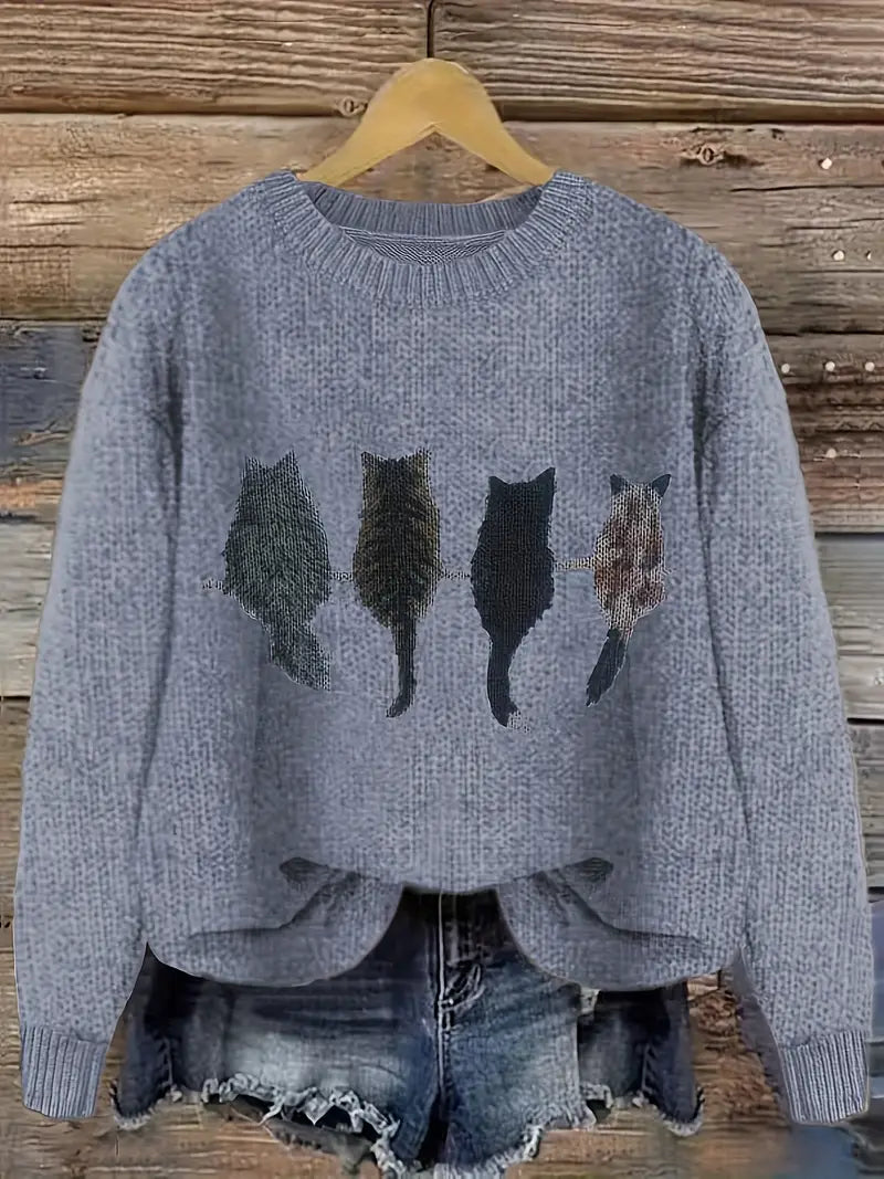 Urvana - Maglione a Maniche Lunghe Con Stampa Gatto