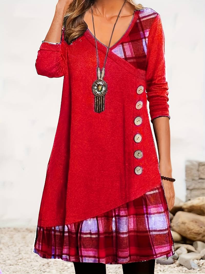 Alinor - Abito Casual a Maniche Lunghe Con Patchwork a Quadri