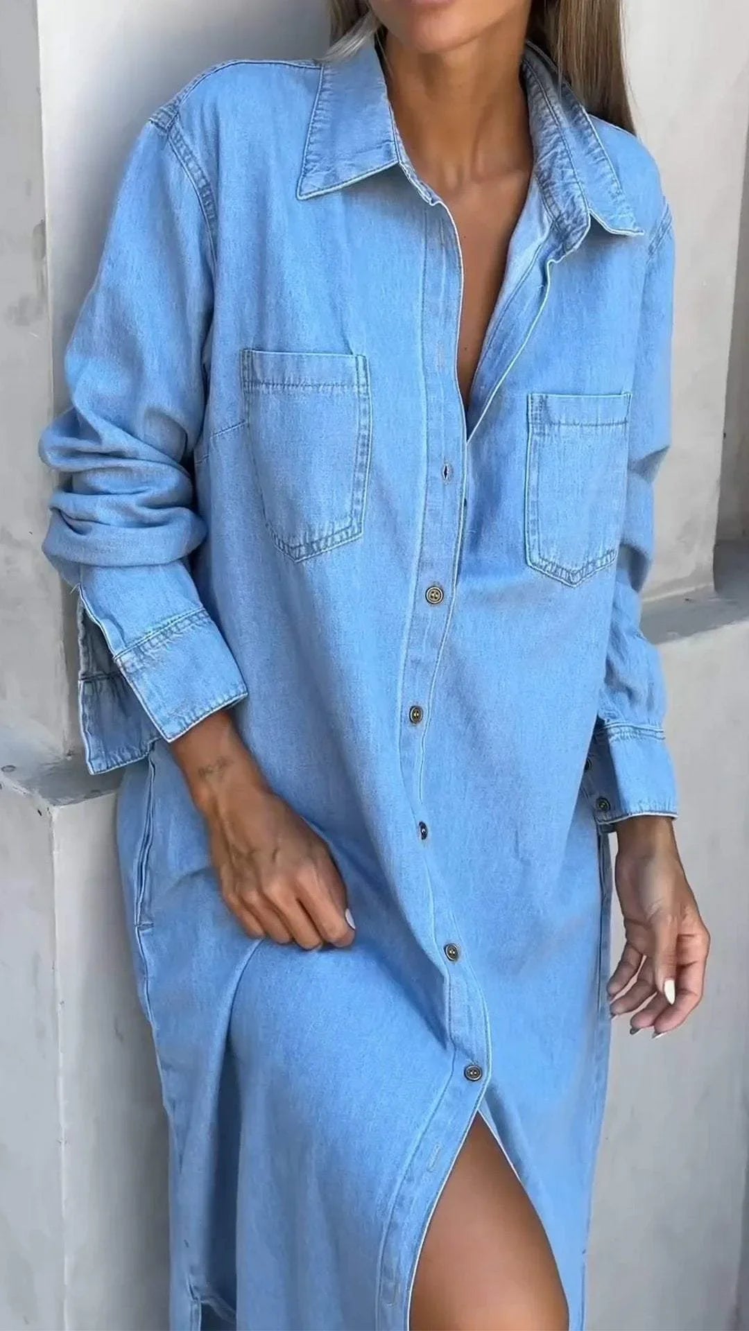 Vallina - Denim Manica Lunga Abito Con Risvolto