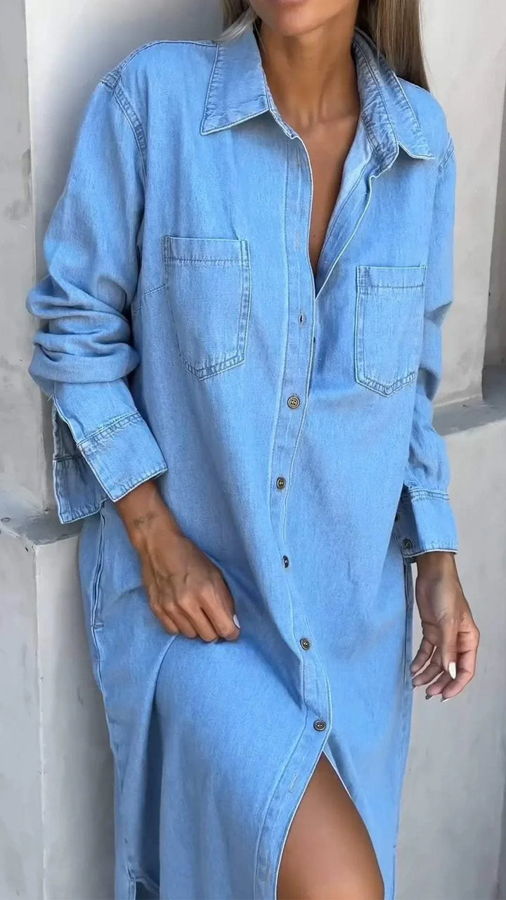 Vallina - Denim Manica Lunga Abito Con Risvolto