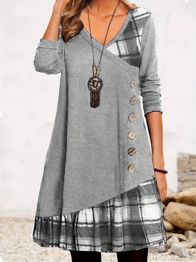 Alinor - Abito Casual a Maniche Lunghe Con Patchwork a Quadri