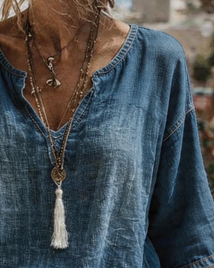 Syleena - Top In Denim Con Scollo a V e Maniche a Tre Quarti