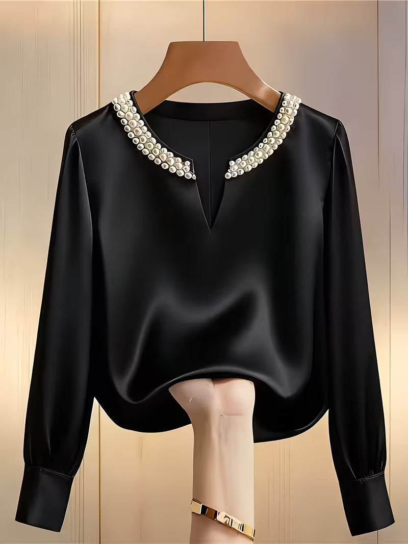 Avinaya - Elegante Camicia a Maniche Lunghe Con Collo Rotondo e Perle