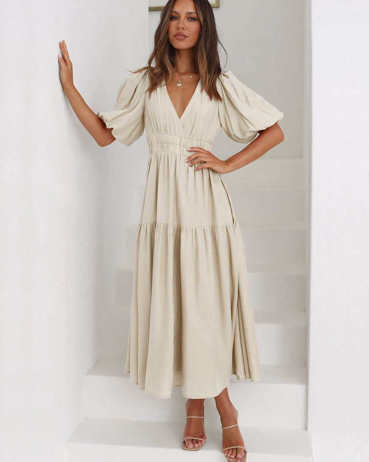 Delphine - Elegante Abito MIDI Con Scollo a V E Maniche a Volant