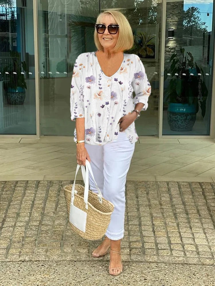 Teresa - Elegante Camicetta Floreale Con Bottoni