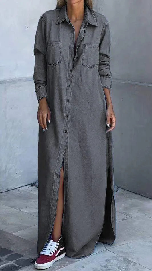 Vallina - Denim Manica Lunga Abito Con Risvolto
