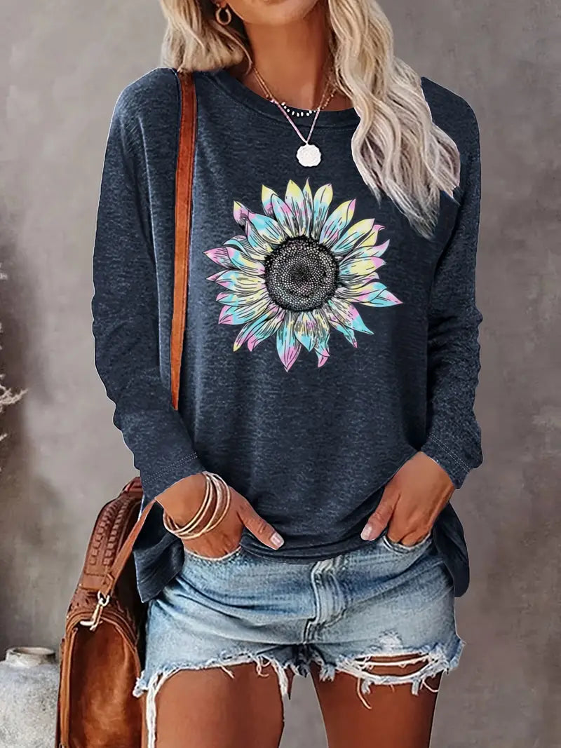 Levine - Elegante Top a Tunica Con Maniche Lunghe e Stampa Girasole