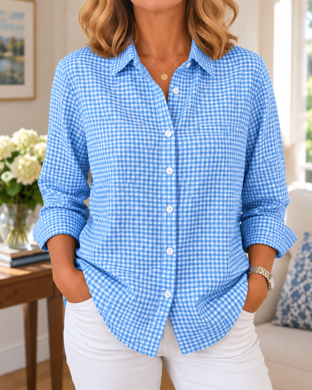 Colien - Camicia a Maniche Lunghe a Quadretti Con Bottoni