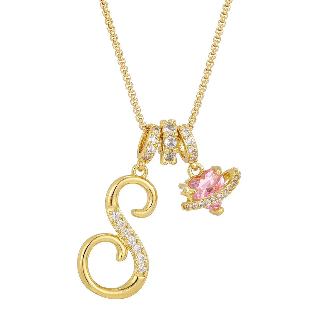 Nerute - Collana Con Iniziale e Ciondolo a Forma di Cuore Rosa