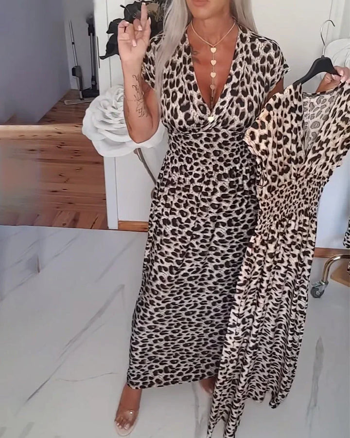 Erendira - Elegante Abito Con Scollo a V e Stampa Leopardata
