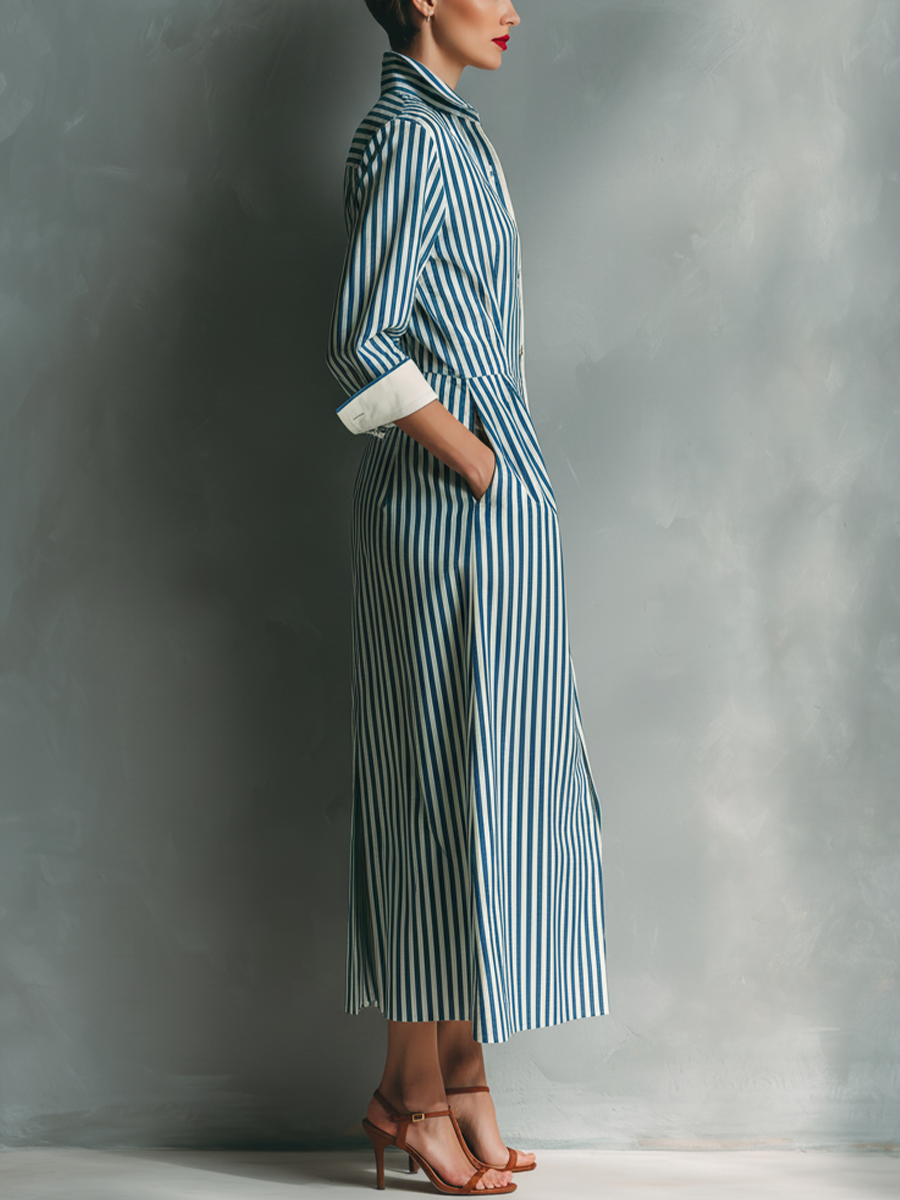 Makeda - Abito a Camicia a Righe Con Tasca Sul Petto