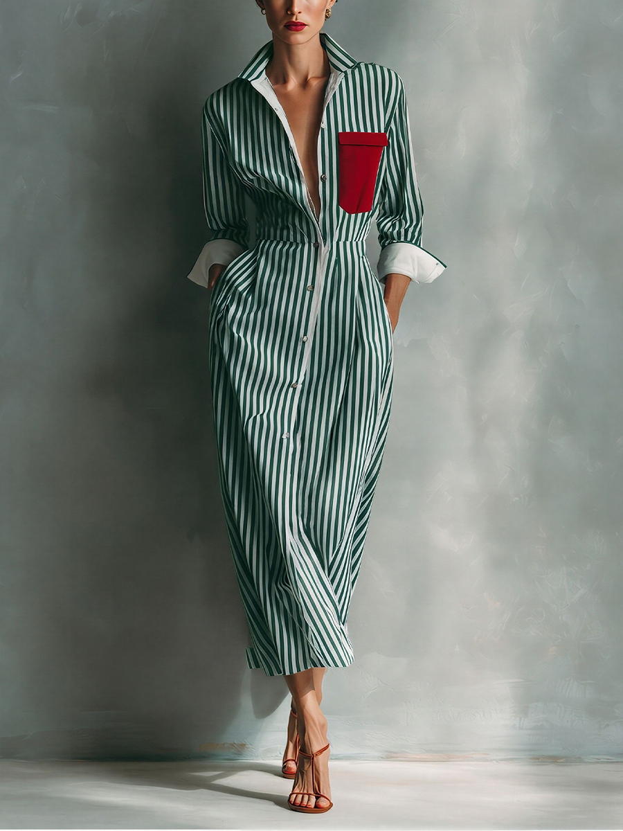 Makeda - Abito a Camicia a Righe Con Tasca Sul Petto
