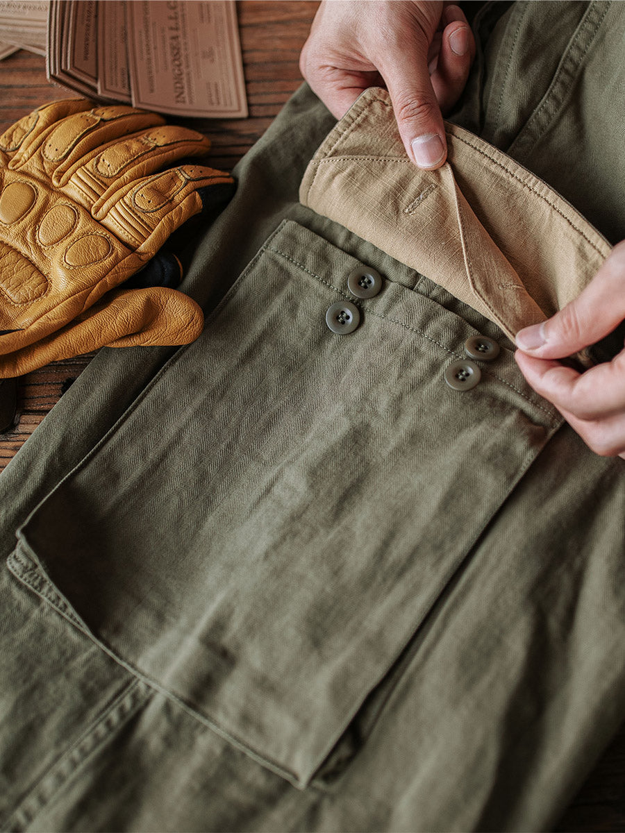 Ibrahim - Pantaloni Militari M-47 In Twill a Spina Di Pesce