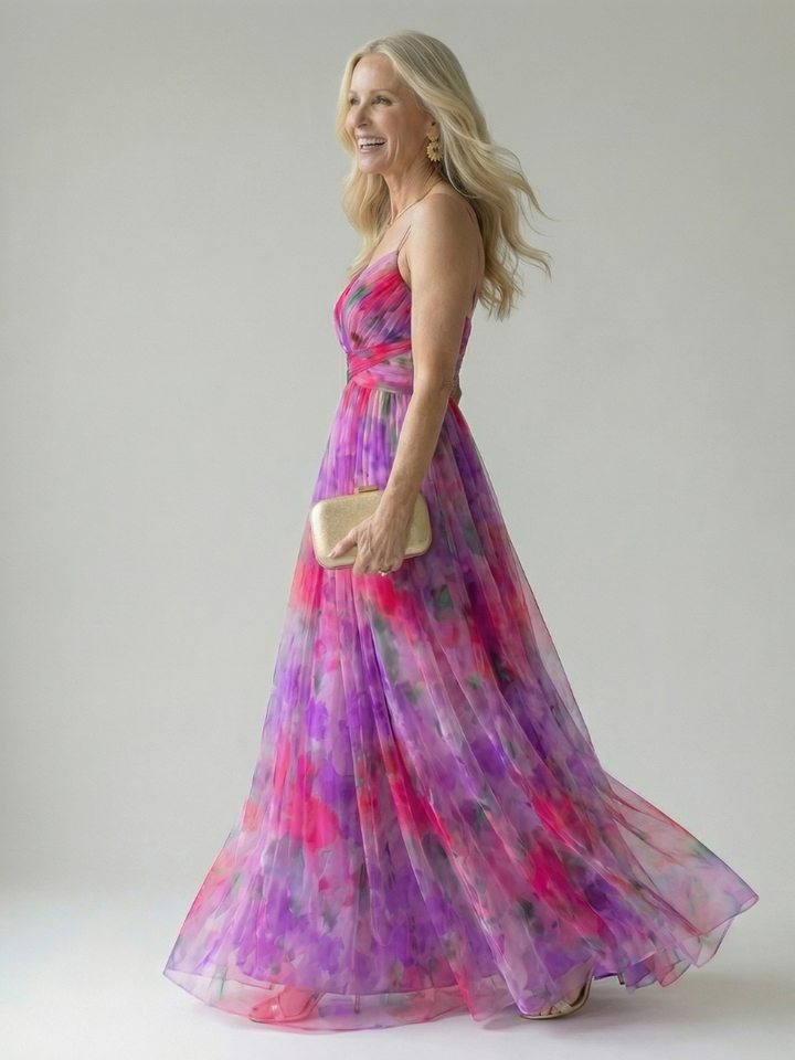 Xeenia - Elegante Abito Lungo in Chiffon Con Ritaglio