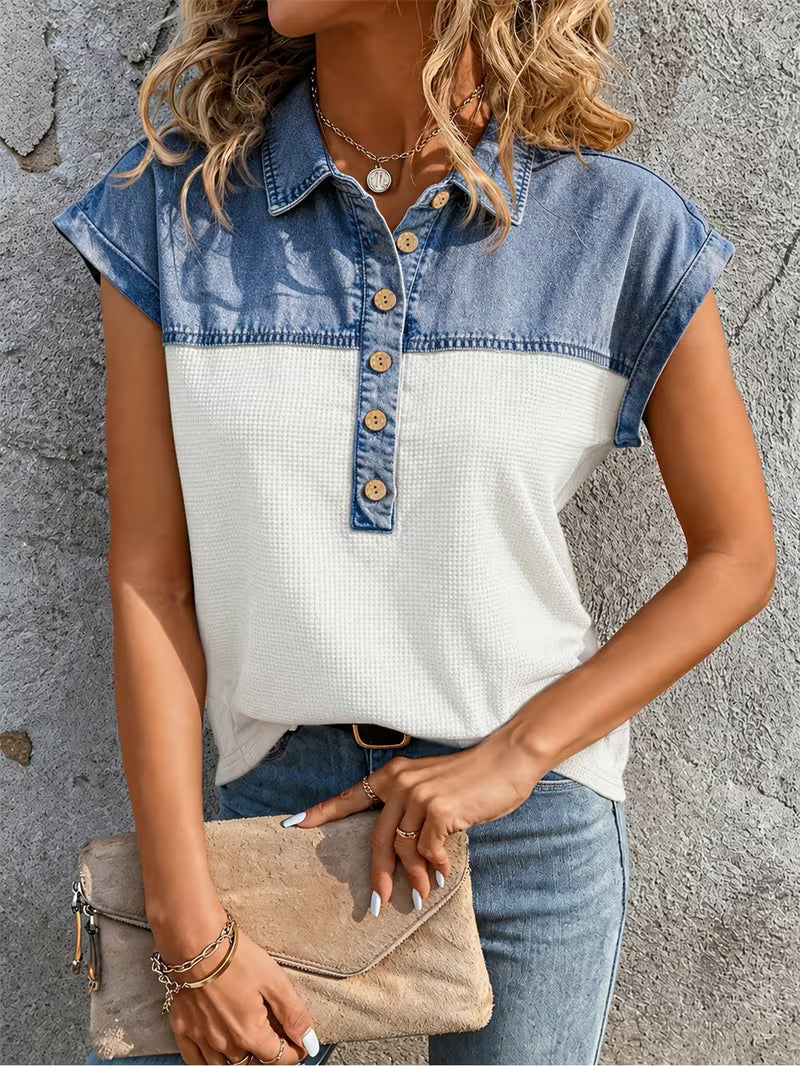 Haily - Top Casual in Denim Con Colletto Patchwork e Maniche Corte