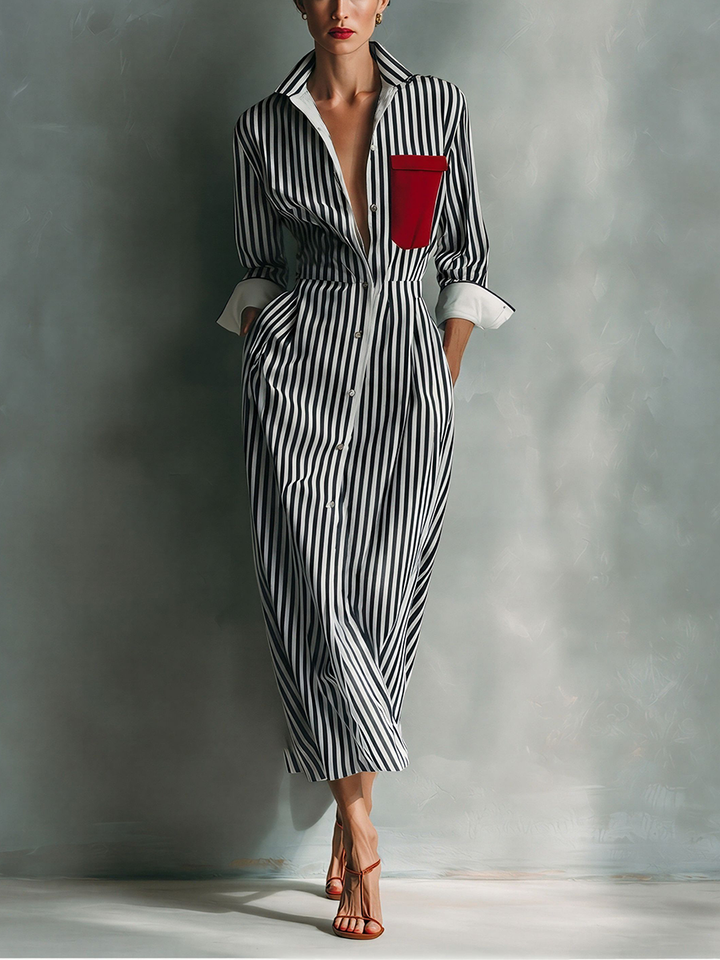 Makeda - Abito a Camicia a Righe Con Tasca Sul Petto