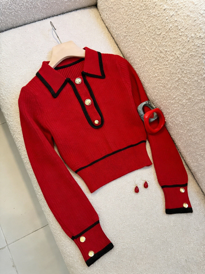 Dilnaz - Maglione a Maniche Lunghe Con Bordi a Contrasto E Bottoni