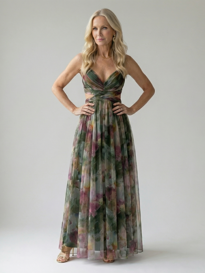 Xeenia - Elegante Abito Lungo in Chiffon Con Ritaglio