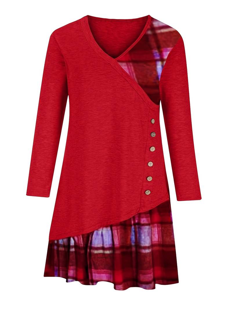 Alinor - Abito Casual a Maniche Lunghe Con Patchwork a Quadri