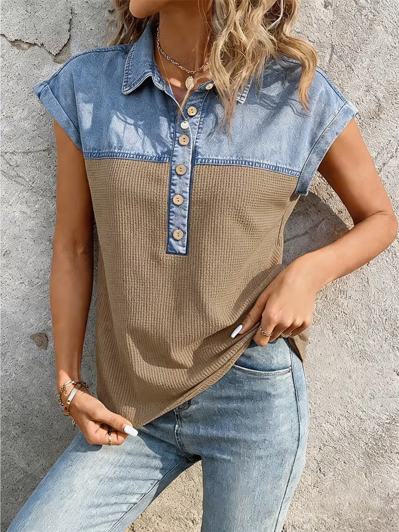 Haily - Top Casual in Denim Con Colletto Patchwork e Maniche Corte