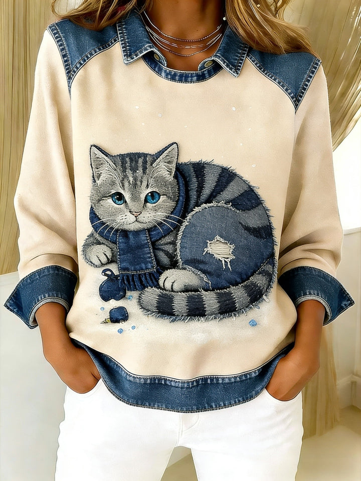 Eponin - Felpa patchwork in Denim Retrò Con Gatto