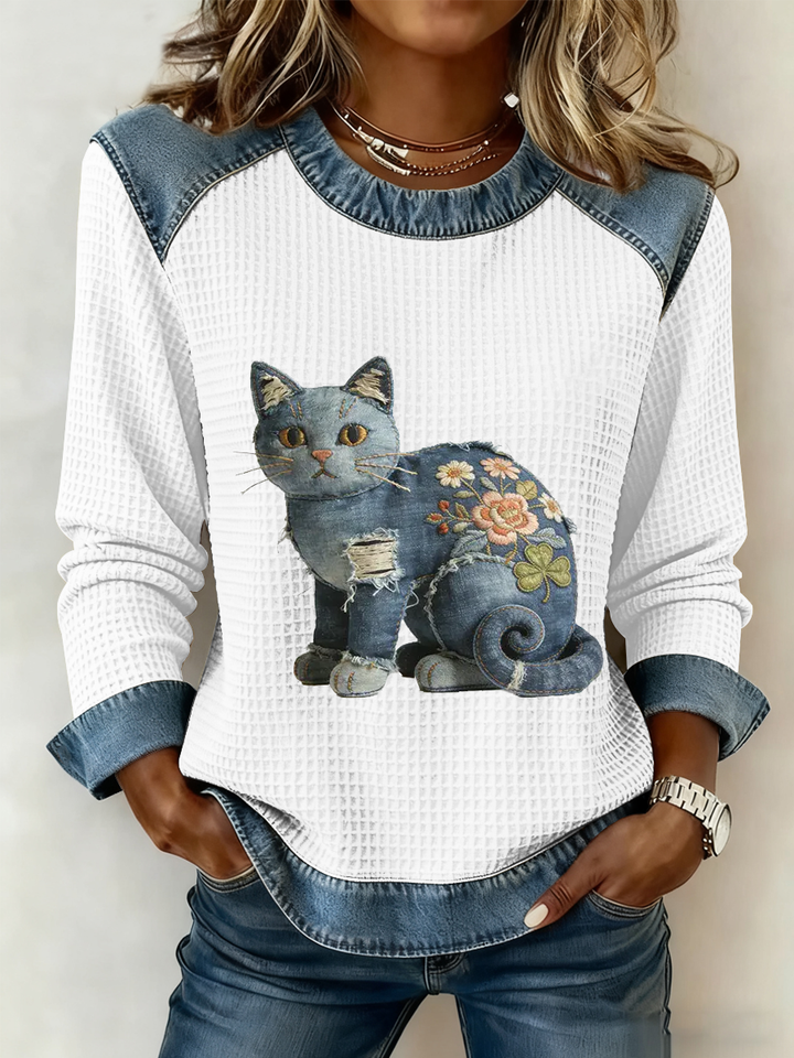 Karmela - Top Vintage in Denim Con Stampa Patchwork