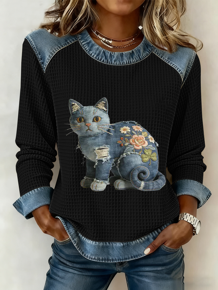 Karmela - Top Vintage in Denim Con Stampa Patchwork