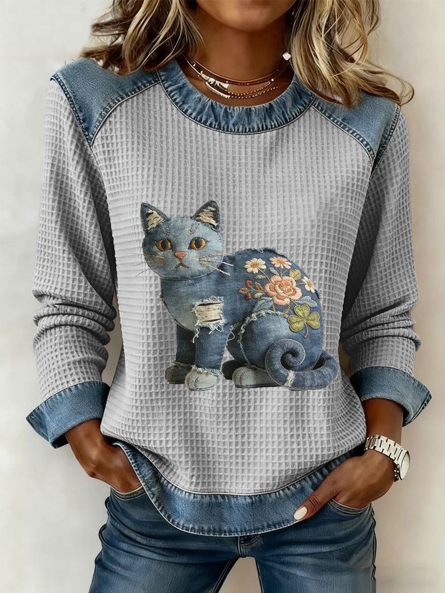 Karmela - Top Vintage in Denim Con Stampa Patchwork