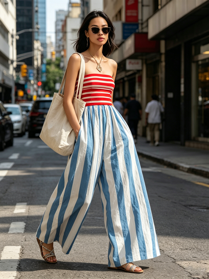 Billie - Tuta senza Spalline a Righe con Pantaloni a Gamba Larga