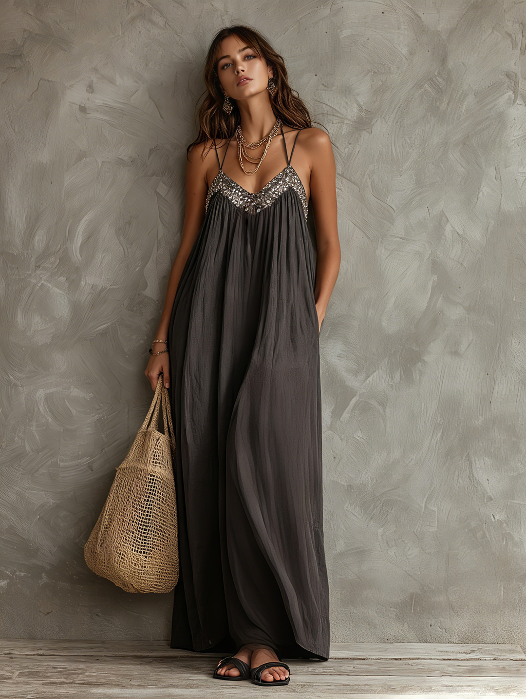 Noreene - Abito Lungo Casual In Tessuto Intrecciato Con Scollo a V