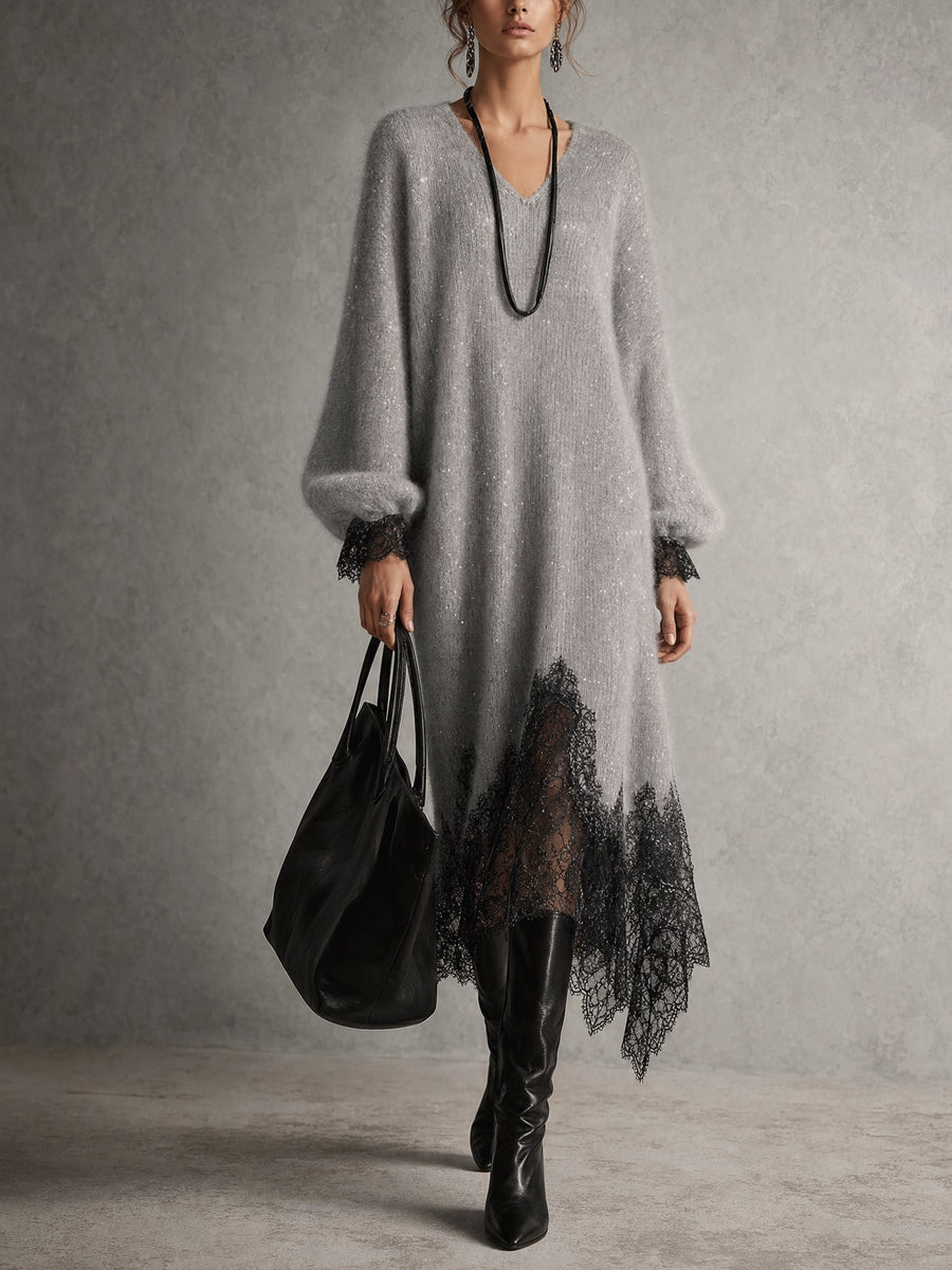 Samyra - Abito Midi in Maglia Con Pizzo