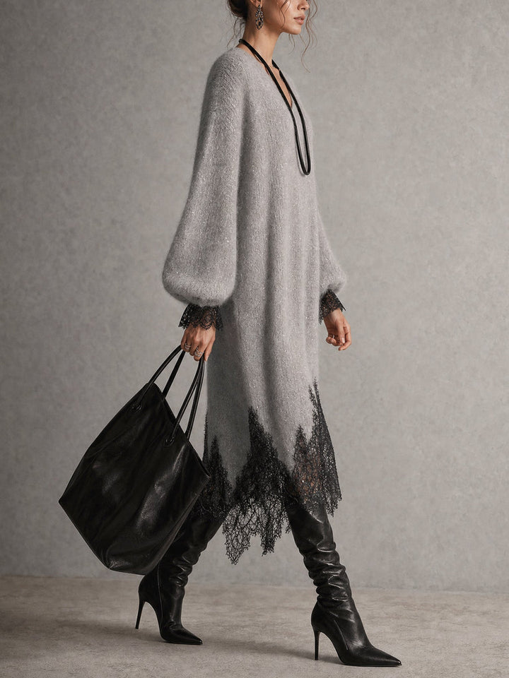 Samyra - Abito Midi in Maglia Con Pizzo