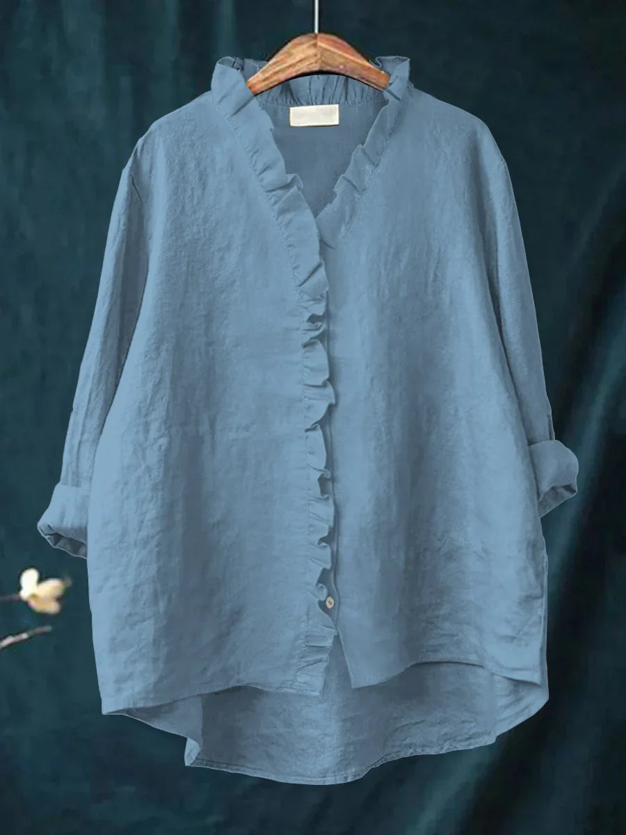 Sanela - Camicia Casual con Volant in Cotone e Lino