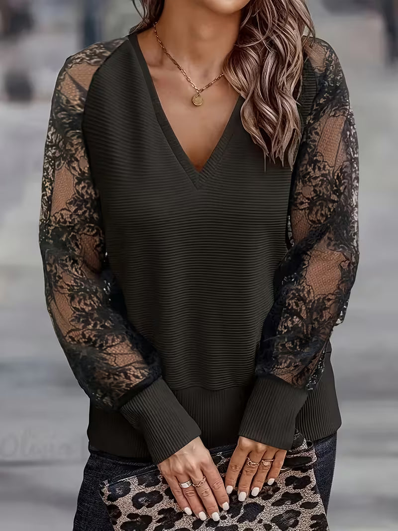 Brunelle - Casual Loose Lace Top With V-Neck
