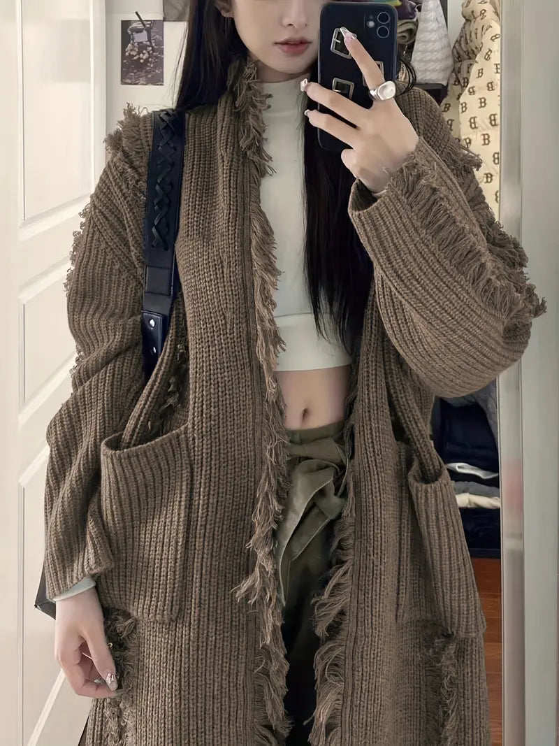 Ramziya - Elegante Nappa Lunga Cardigan Con Tasca