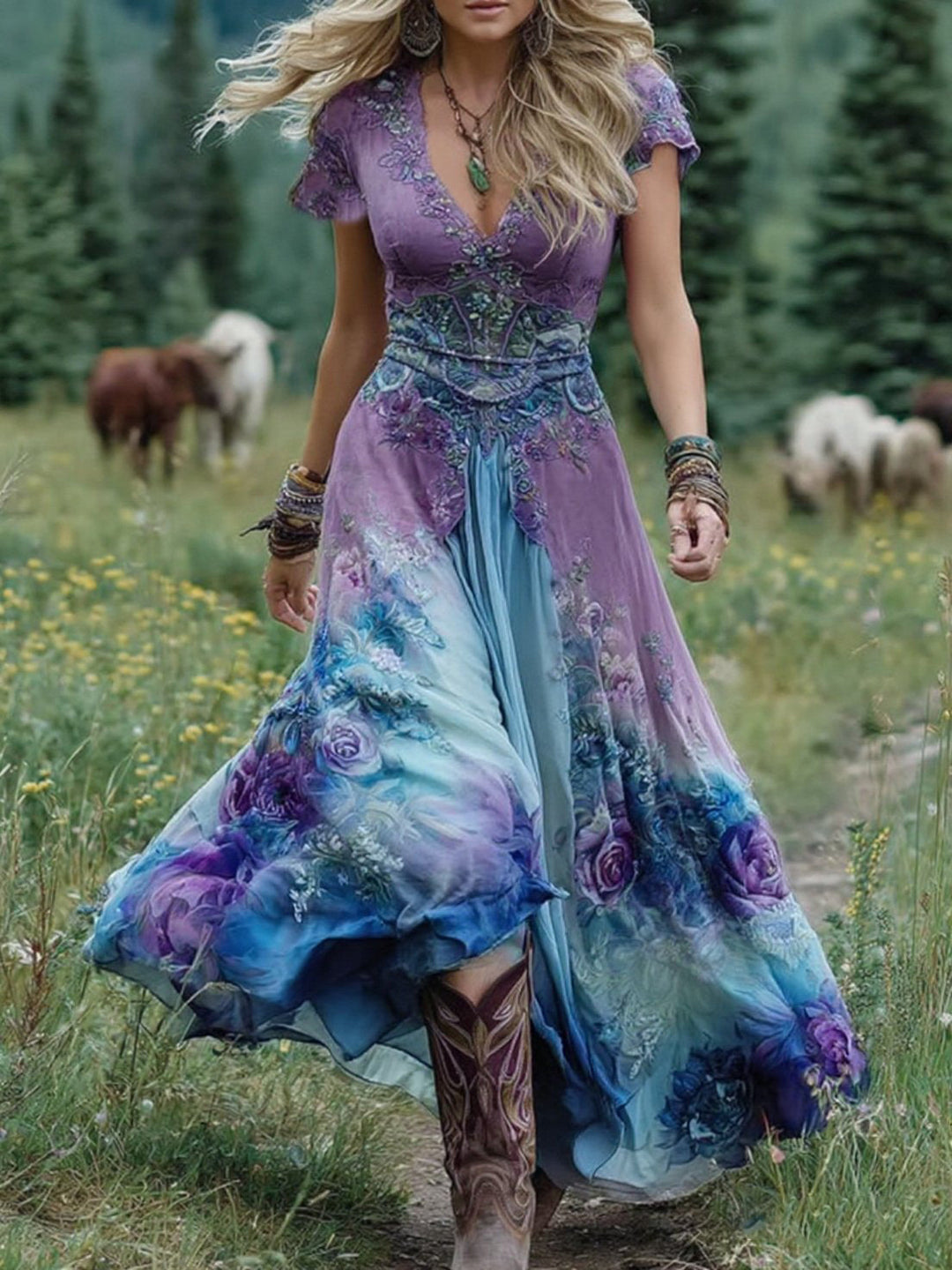 Marcina - Elegante Abito Lungo Con Tonalità Floreali