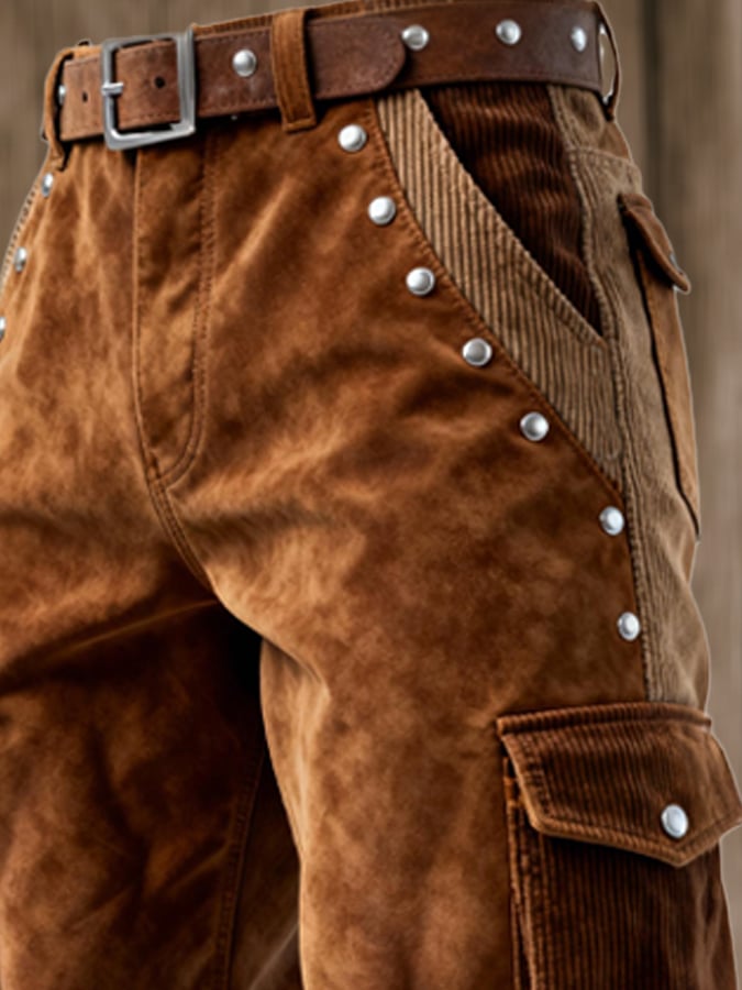 Curran - Pantaloni Vintage Da Avventura Outdoor in Velluto a Coste Con Cuciture e Nappine