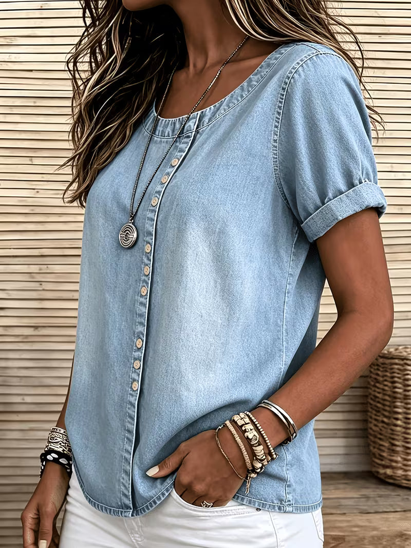 Ferina - Top in Denim a Maniche Corte Effetto Consumato