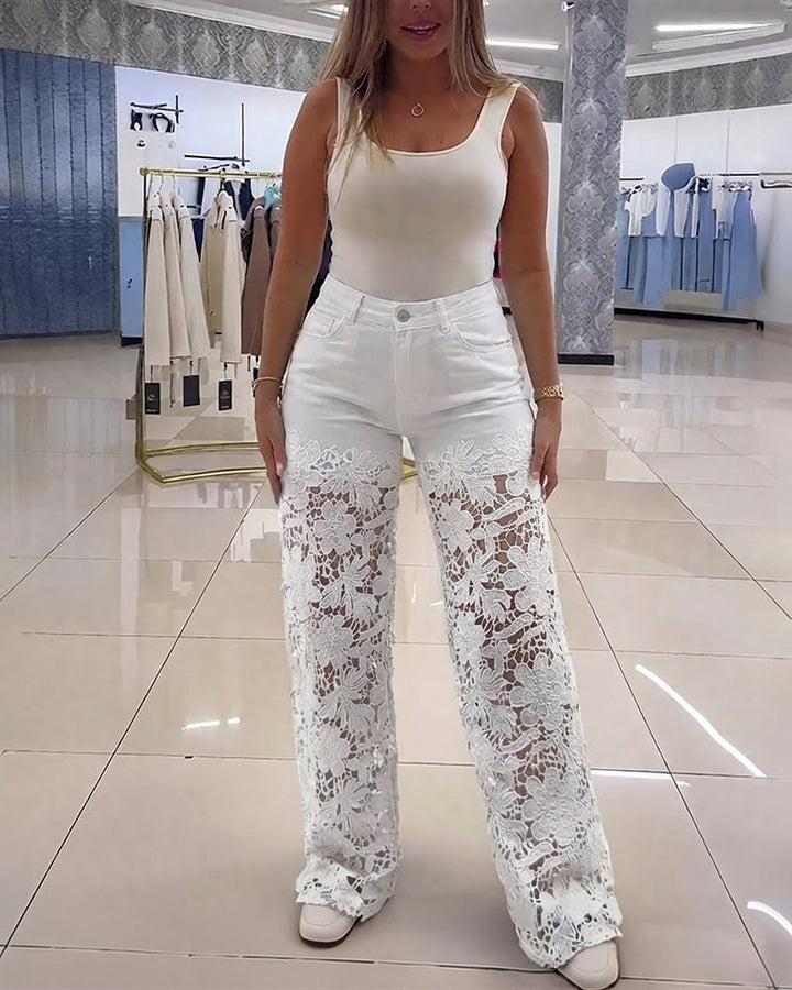 Erija - Jeans a Vita Alta Con Inserti in Pizzo Floreale