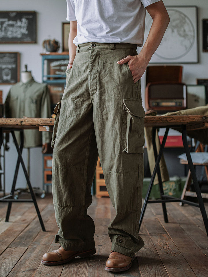 Ibrahim - Pantaloni Militari M-47 In Twill a Spina Di Pesce