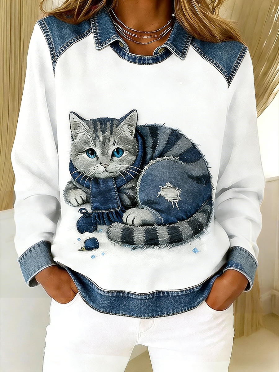 Eponin - Felpa patchwork in Denim Retrò Con Gatto